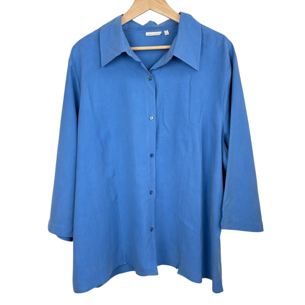 100% Silk Flowy Blue Button Up Collared 3/4 Sleeve Shirt Women's Plus Size 3XL